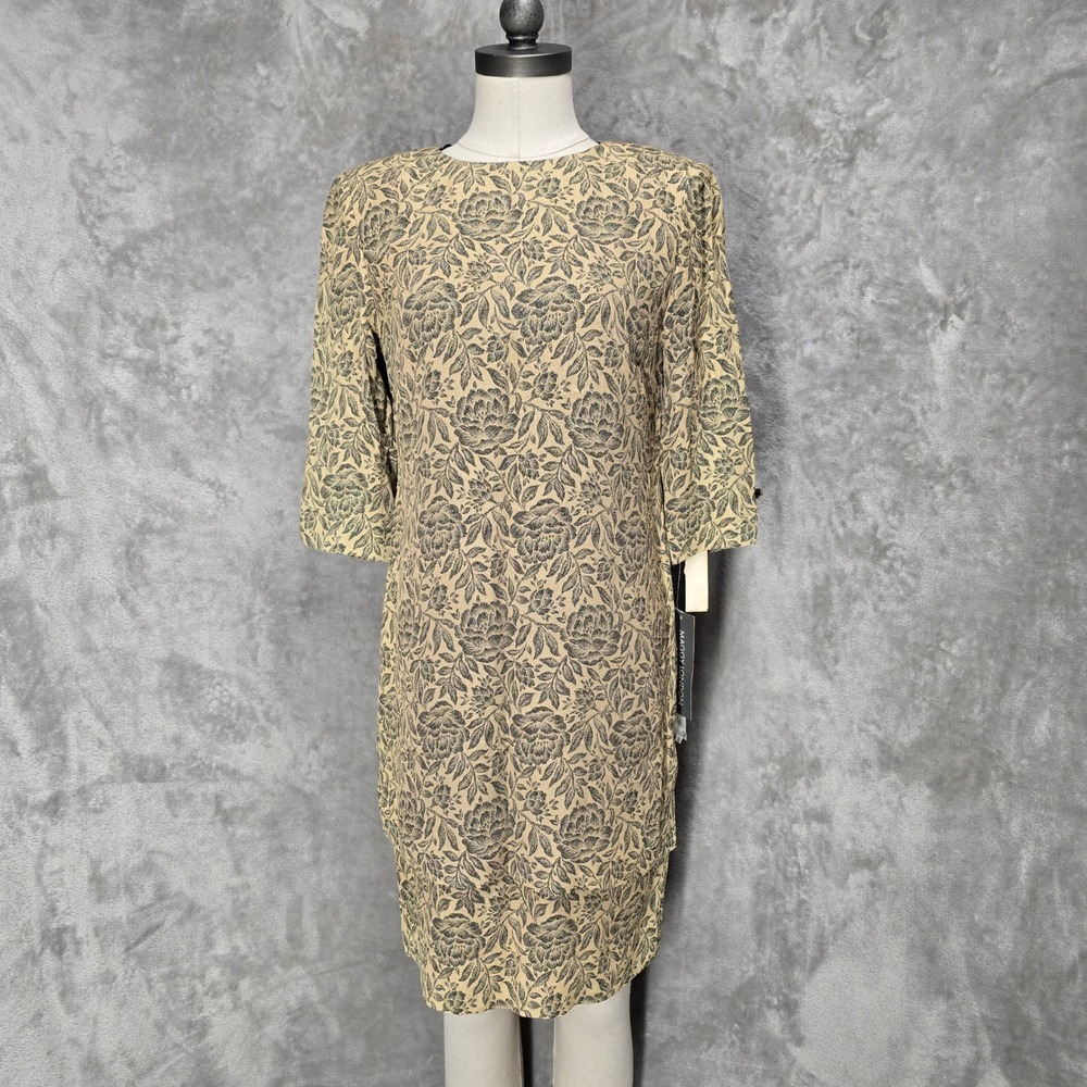 Maggy London Dress Womens 6P Taupe Black Floral Mock Neck Vintage NWT‎ Retro 90s